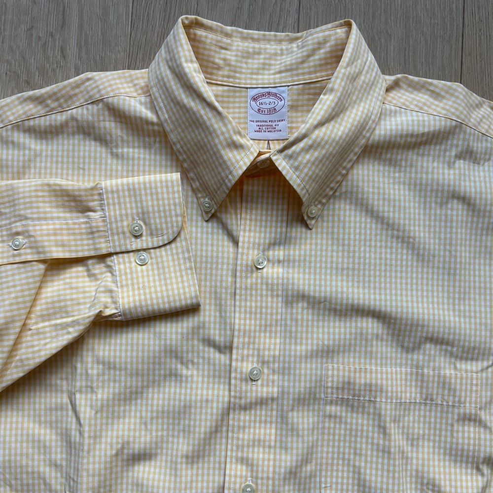 Brooks‎ Brothers Dress Shirt 16.5 Neck 32/33 Yellow Gingham Traditional Fit